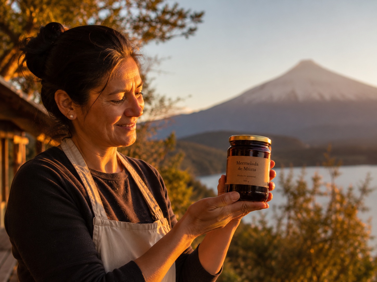 Emprendedora de Pucón con su producto frente al volcán Villarrica al atardecer